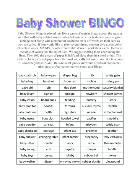 26 Inspirational Baby Shower Bingo Word List Baby Shower