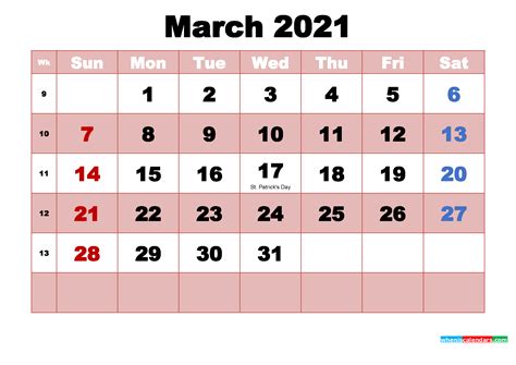 March 2021 Printable Monthly Calendar With Holidays