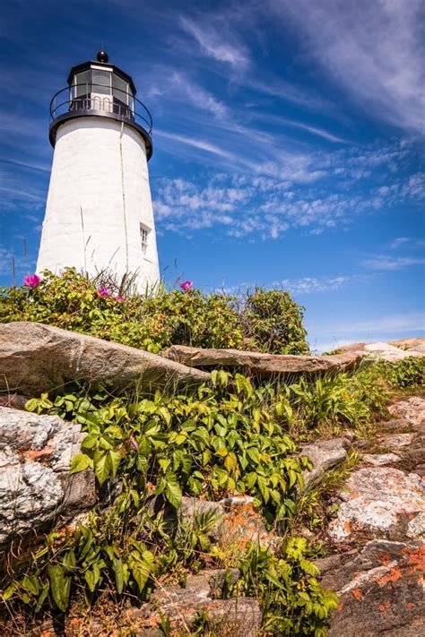 Pemaquid Point Lighthouse Atop Dramatic Rocky Coast Stock Photo Image