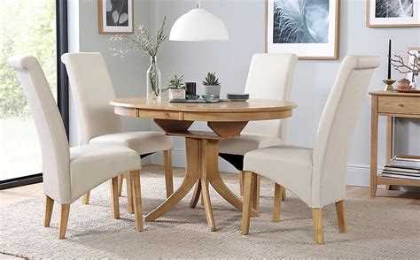 Hudson Round Oak Extending Dining Table With 6 Richmond Cream Leather