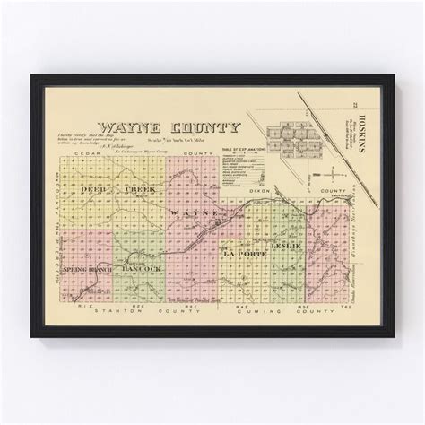 Wayne County Nebraska Vintage Map From 1885 Old County Map Etsy In