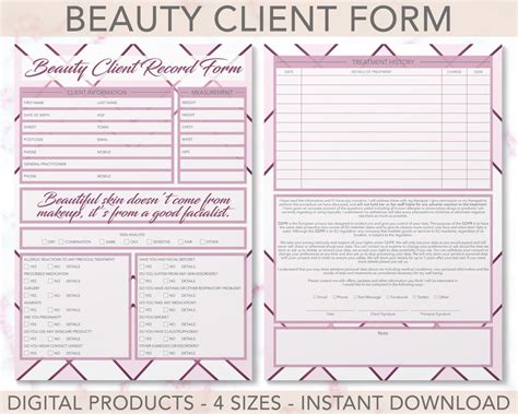 Beauty Client Record Form Consultation Treatment Salon Stationery Digital Pdf Products 4