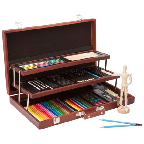 Wooden Drawing Case With 132 Piece Art Set Compact Portable Painting