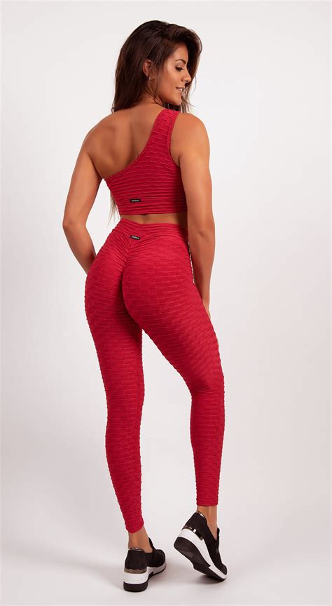 brazilian leggings anti cellulite honeycomb textured scrunch booty red