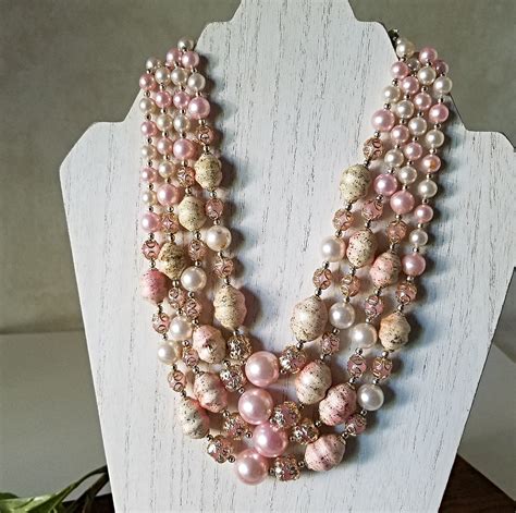 Multi Strand Beaded Necklace Vintage 4 Strand Pink Statement Necklace