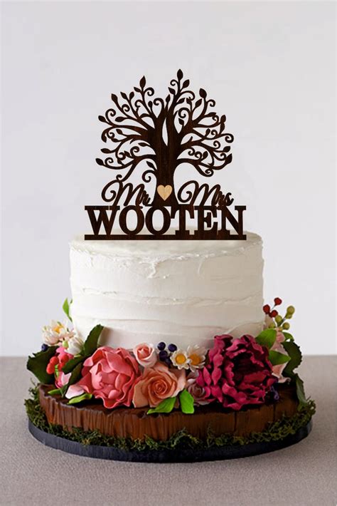 Tree Wedding Cake Topper Custom Last Name Wooden Mr And Mrs Etsy