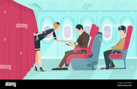 vector of a flight attendant serving drinks to a first class passenger sitting on a comfortable