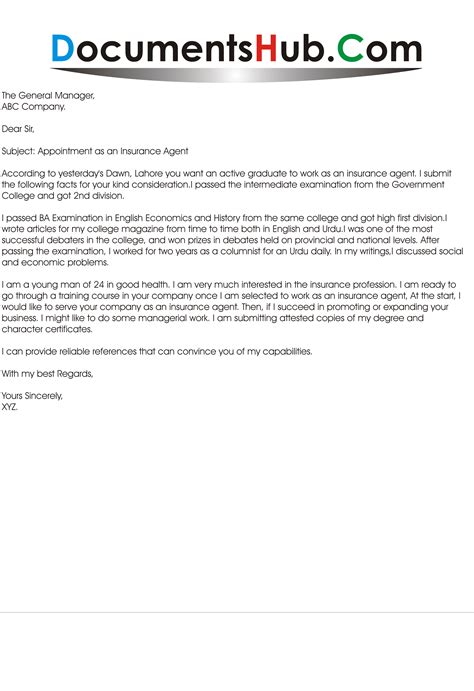 Appointment as an insurance agent. Insurance Agent Sample Cover Letter