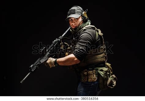 Portrait Soldier Private Military Contractor Holding Stock Photo