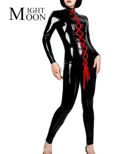 Moonight Sexy Faux Leather Clubwear Catsuit Teddy Jumpsuit Faux Leather Latex Fetish Exotic Long