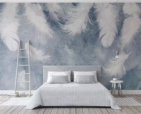 3d Feather Wallpaper White Wall Mural Blue Wall Decor Bird Etsy Uk