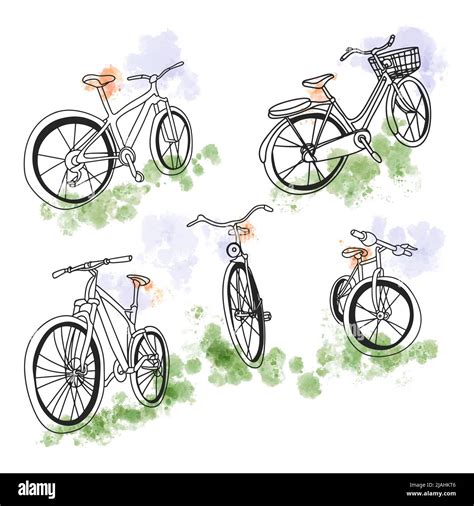 Doodle Style Bicycle Set With Watercolor Background Different Models