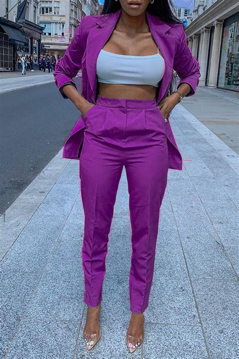 Lovely Trendy Turndown Collar Purple Two Piece Pants Setlw Fashion