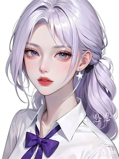 An Anime Girl With Purple Hair Wearing A White Shirt And Blue Bow Tie