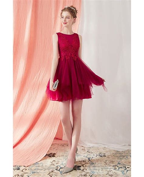 Cute Burgundy Short Tulle Tutu Homecoming Prom Dress With Lace Ama86021