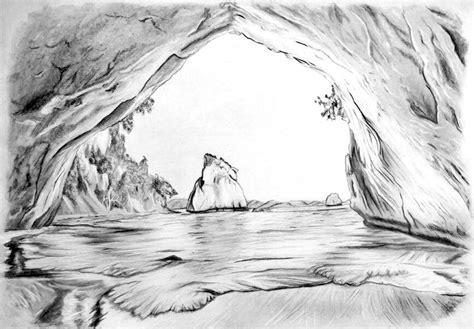 Drawing Cathedral Cave Cathedral Cove New Zealand Art Pencil On