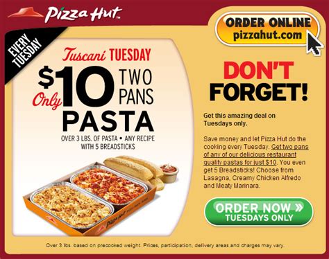 Pizza Huts Tuscani Tuesday 2 Orders Of Pasta And Breadsticks For 10