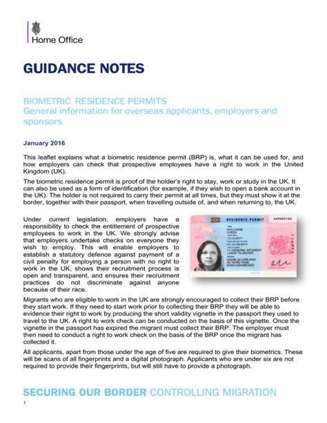 Guidance Notes Biometric Residence Permits