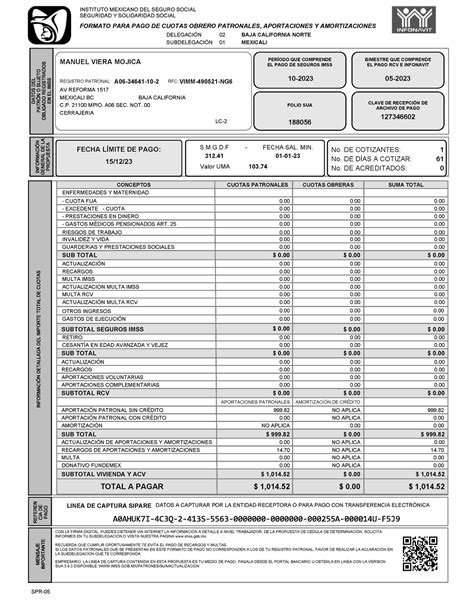Infonavit 05 Bimestre Octubre 2023 Formato Para Pago De Cuotas Obrero