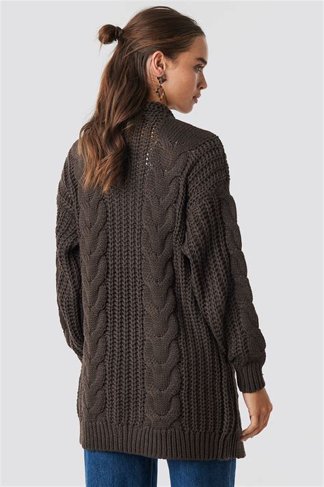 Chunky Cable Knit Long Cardigan Marron Na Kdfr