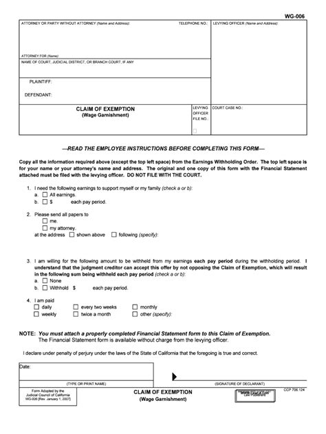 WG 006 Claim of Exemption Wage Garnishment Form - Fill Out and Sign Printable PDF Template