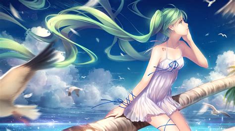 Anime Girl Skirts Hatsune Miku Vocaloid Seagulls Sea