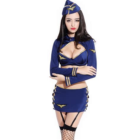 Blue Stewardess Cosplay Uniforms Sexy Waitress Plumatorium