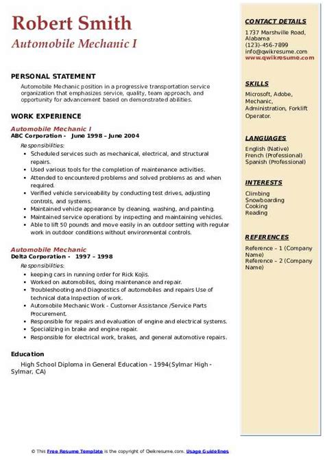 Automotive mechanic resume example for car mechanic with experience as ase certified technician and sample showing skills in general automotive repair. Automobile Mechanic Resume Samples | QwikResume