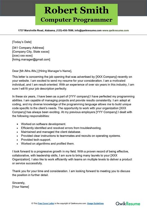 Computer Programmer Cover Letter Examples Qwikresume