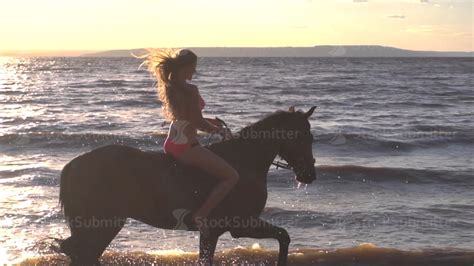 Young Sexy Woman Dressed Bikini Riding On Horse In The