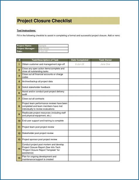 Project Closeout Checklist Template