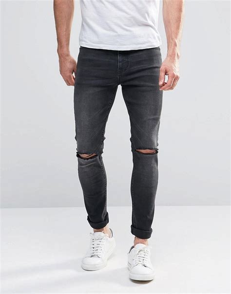 Image 1 Of Asos Super Skinny Jeans With Knee Rips In Dark Gray Wash