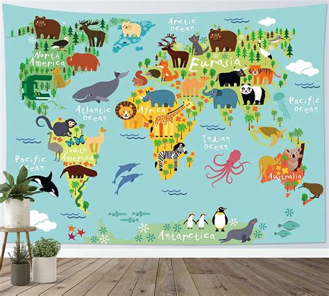 Lb World Map Tapestry Wall Hanging Various Cartoon Animals