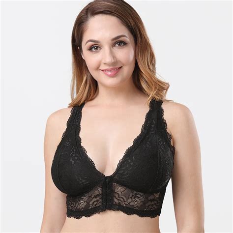 Plus Size Bralette Full Coverage Bras Front Closure Floral Lace Sexy Bra Unpadded Mesh Lined V