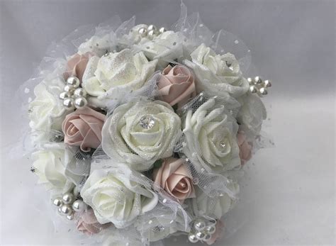 Artificial Bridal Round Posy Brides Bouquet Netted Glittered Roses