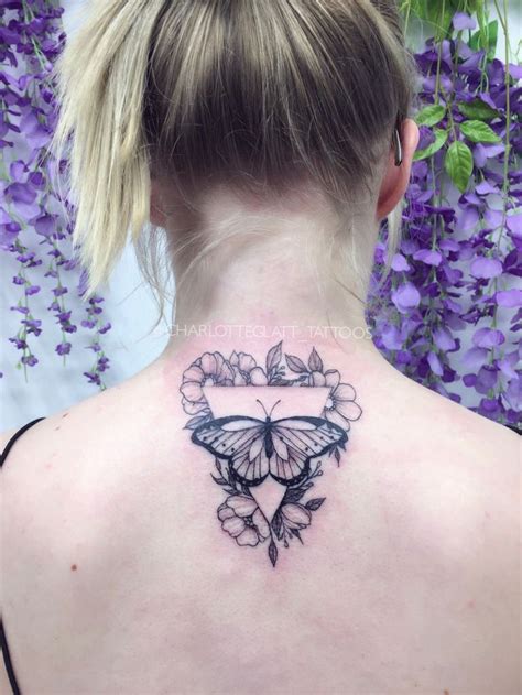 Floral Butterfly Triangle Back Neck Tattoo By Charlotteglatttattoos In