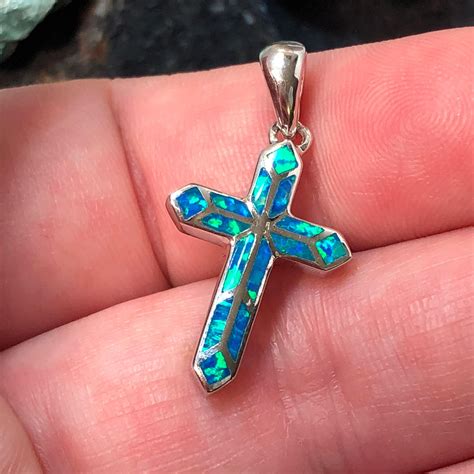 Blue Opal Cross Necklace Sterling Silver Alphavariable Jewelry