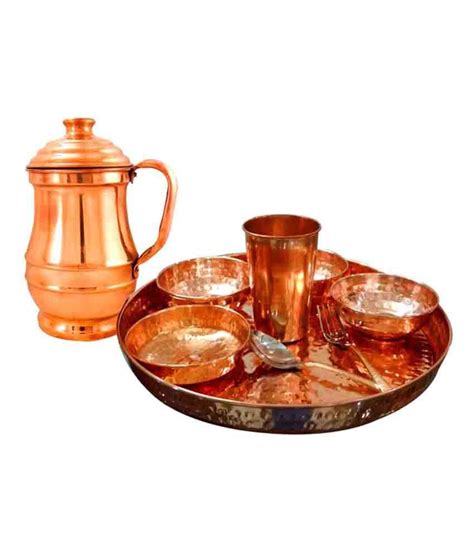 Asiacraft Pure Copper Traditional Dinner Set Of Thali Plate Bowls Jug