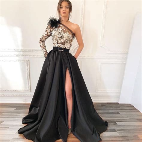 One Shoulder Black Prom Dresses 2020 Long Sleeve Lace