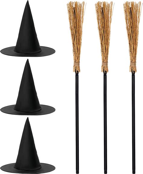 6 Pack Halloween Witch Broom Witch Hat Sets Plastic Witch