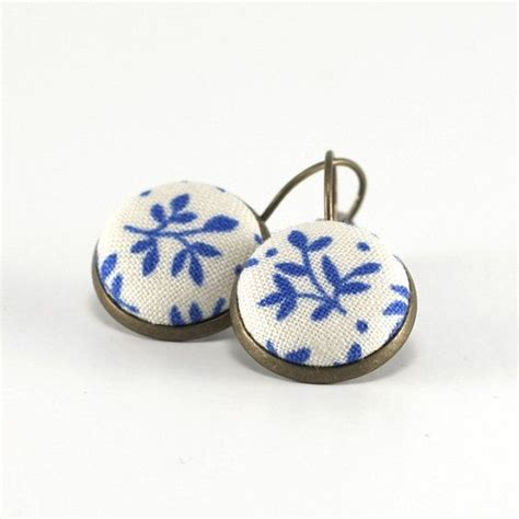 Antique Leverback Earrings Blue Twigs Romantic Fabric Covered Buttons
