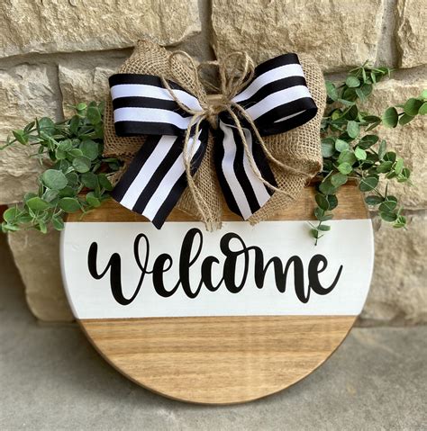 Front Door Welcome Sign Round Wood Sign Wall Decor Welcome Etsy