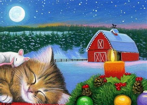 Kitten Cat Mouse Sleeping Christmas Barn Candle Snow Oe Aceo Print Of
