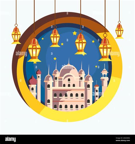 Ramadan Mosques With Lanterns Design Islamic Muslim Religion And