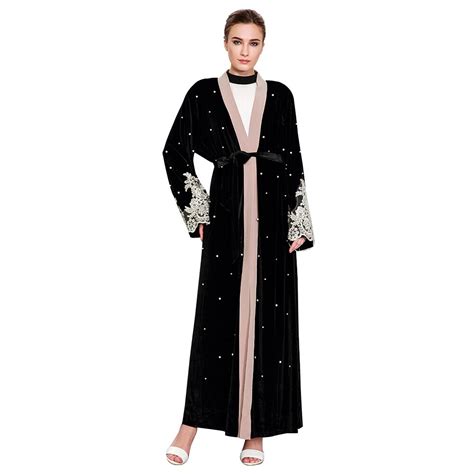 Gold Velvet Muslim Women Lace Abaya Cardigan Pearl Beading Dresses