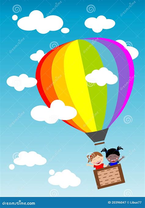Happy Kids Flying In Hot Air Balloon Stock Vector Illustration Of