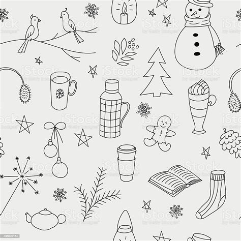 Winter Doodles Hand Drawn Seamless Pattern Stock Illustration ...