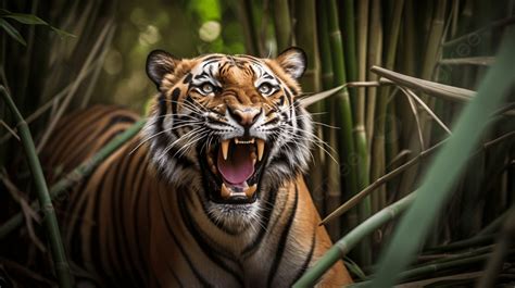 Tiger Roars For Its Prey While Standing In Bamboo Background A Tiger