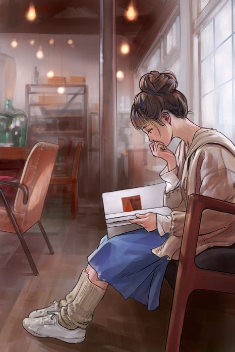 Z By Jinan Woman Reading Below Window Anime Art Girl Illustration