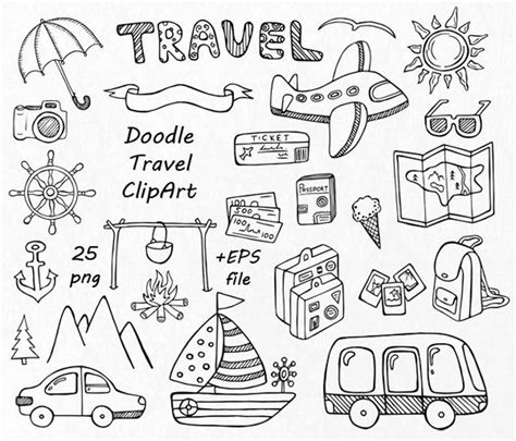 Doodle Travel Clipart Hand Drawn Summer Clipart Digital Clip Art Png